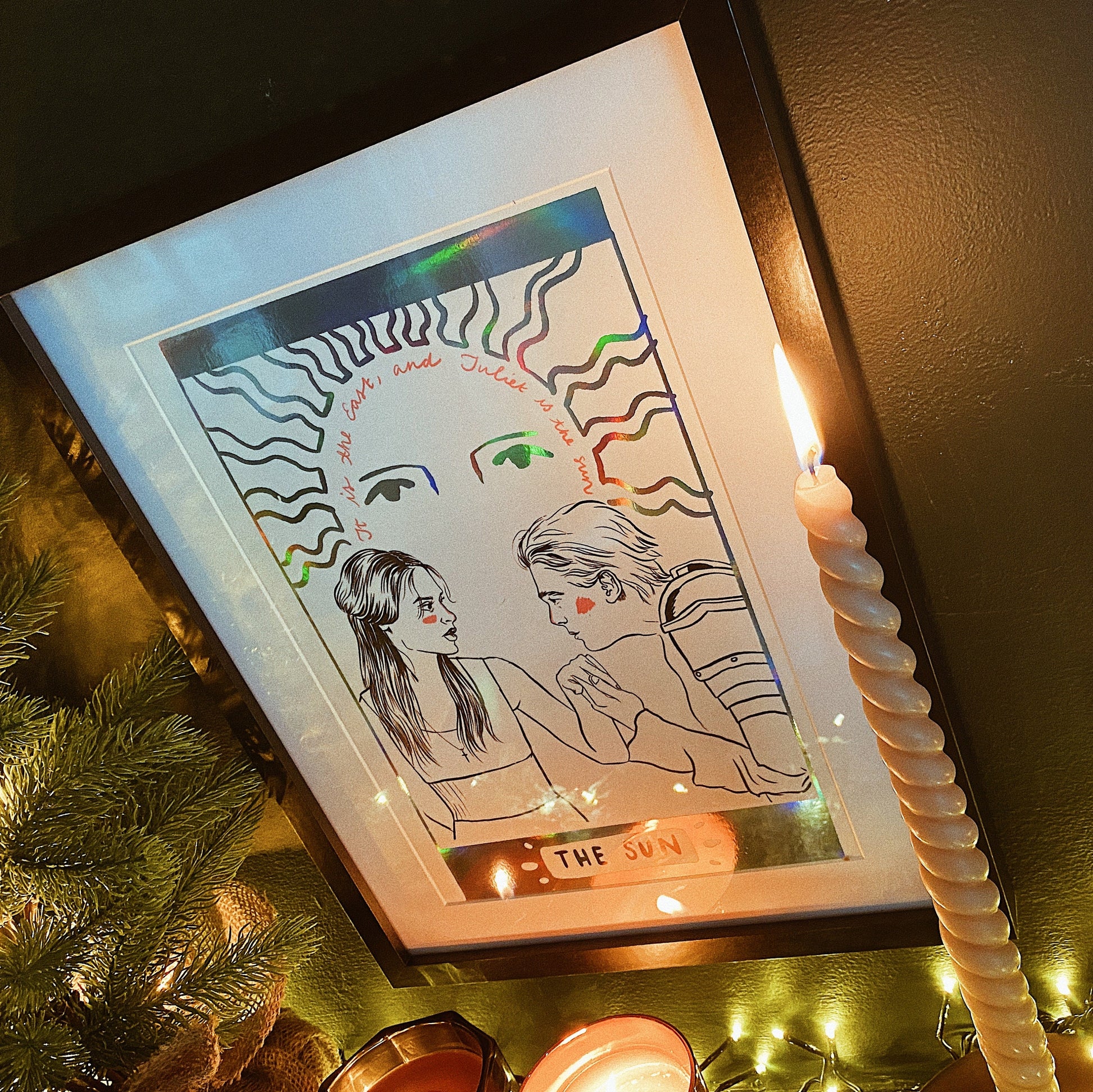 Romeo and Juliet 'The Sun' Tarot Card Art Print, A4, Holographic Foiled