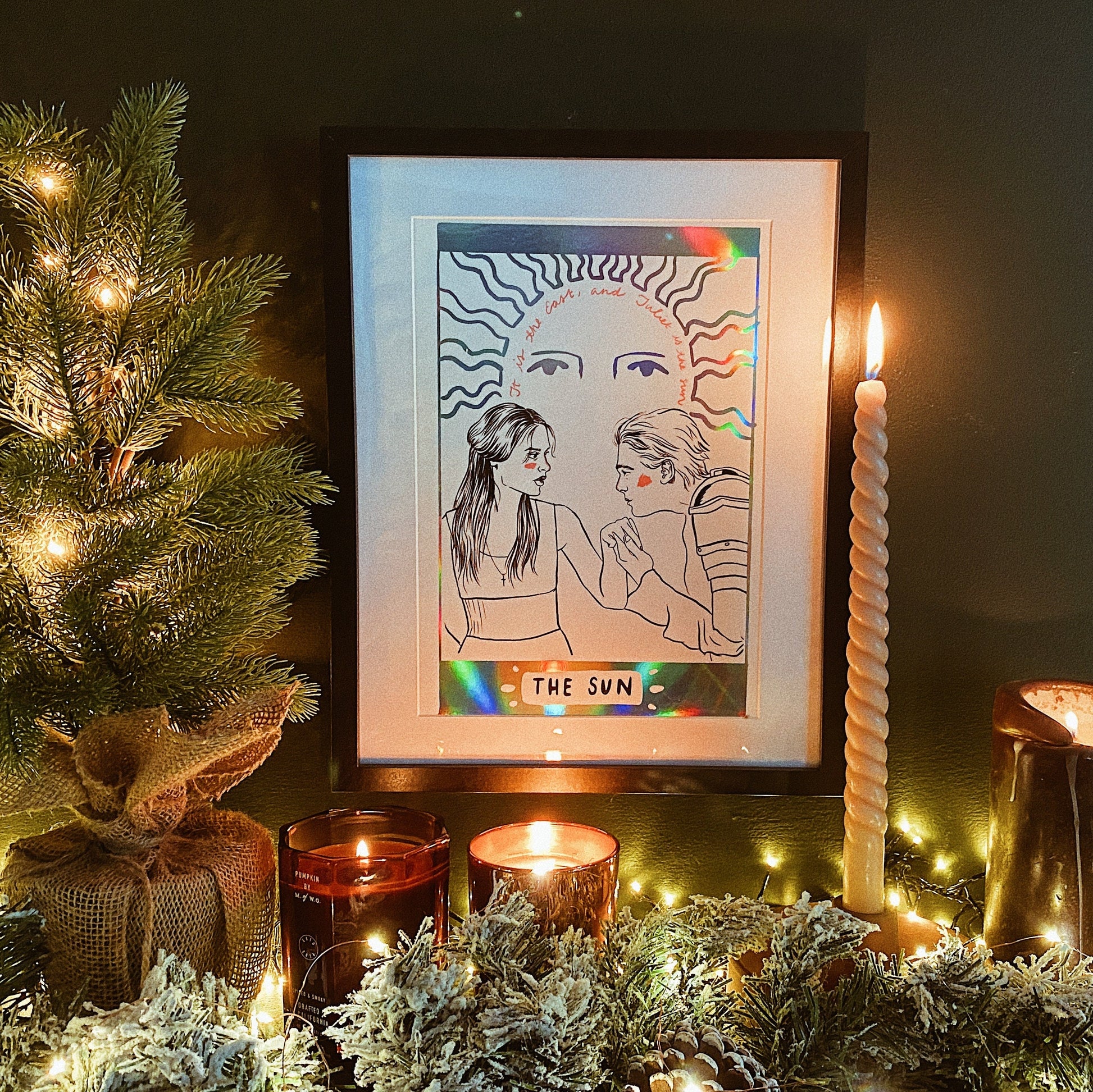 Romeo and Juliet 'The Sun' Tarot Card Art Print, A4, Holographic Foiled
