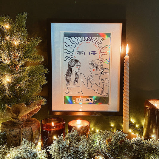 Romeo and Juliet 'The Sun' Tarot Card Art Print, A4, Holographic Foiled