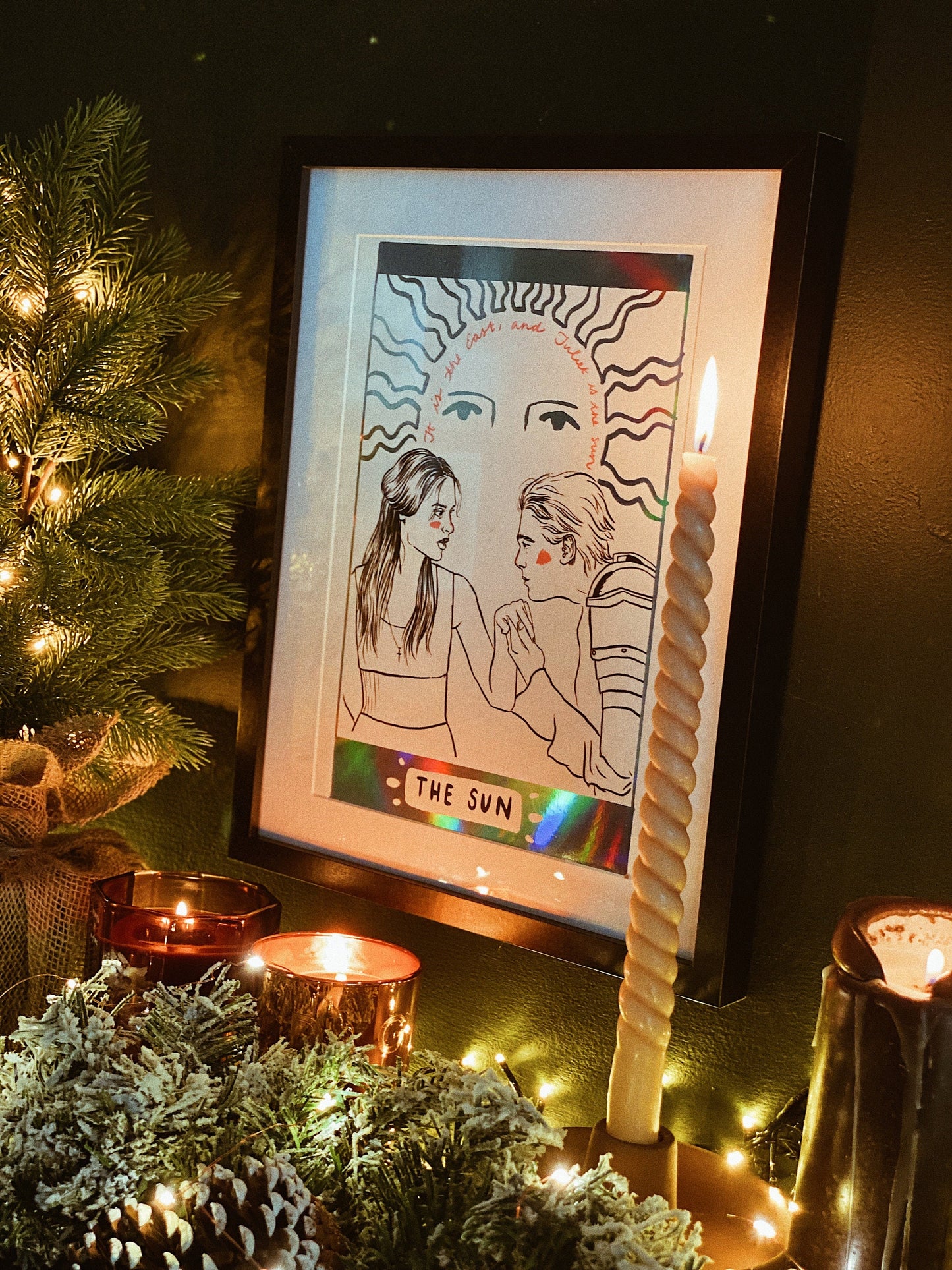 Romeo and Juliet 'The Sun' Tarot Card Art Print, A4, Holographic Foiled